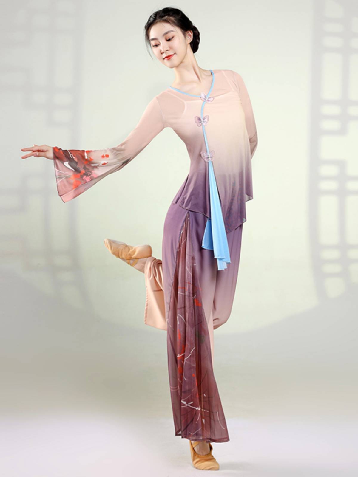 Classical dance clothing female elegant practice service elasticity gradient and elastic net gauze top Chinese dance nation performance service
