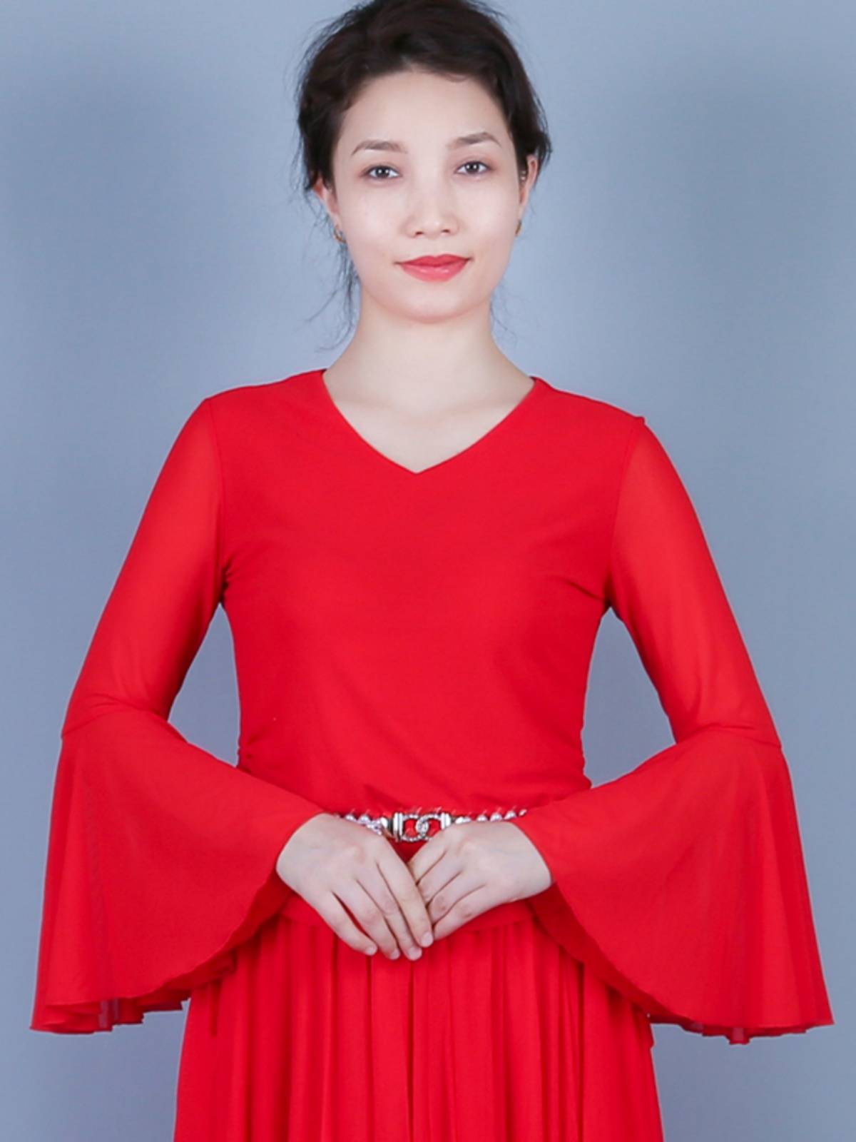 Xinjiang Dance Performance Server Uyghur clothing female summer large -size breathable exercise clothing net yarn horn sleeve top