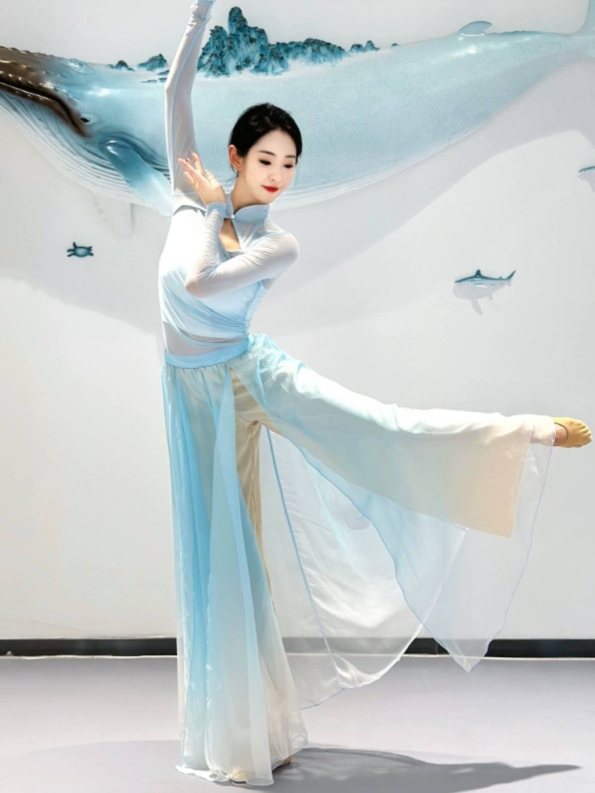 Chinese style classical dance leader's elastic gauze blue dance practice service national dance pants skirt, elegant actress performance service