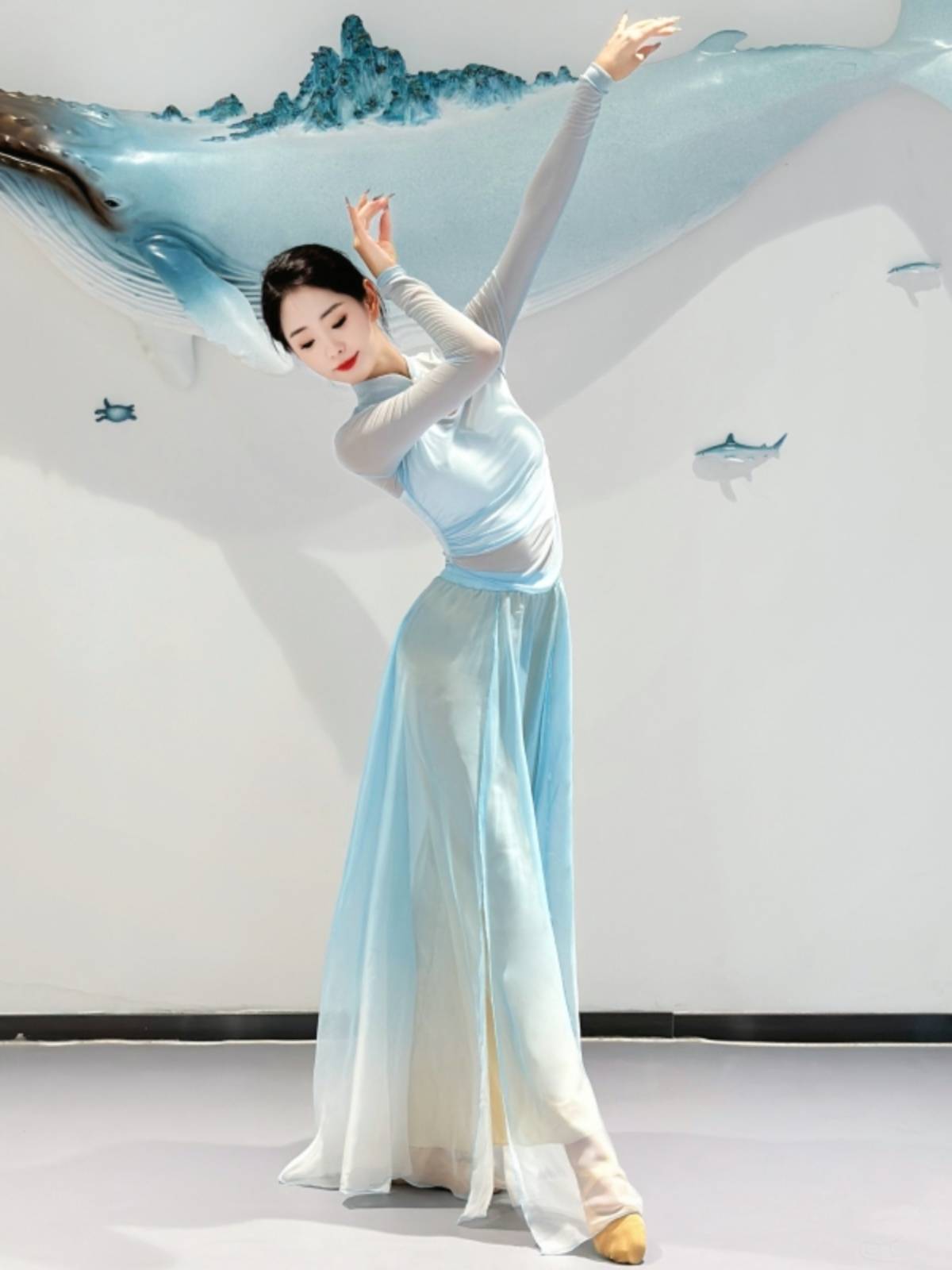 Chinese style classical dance leader's elastic gauze blue dance practice service national dance pants skirt, elegant actress performance service