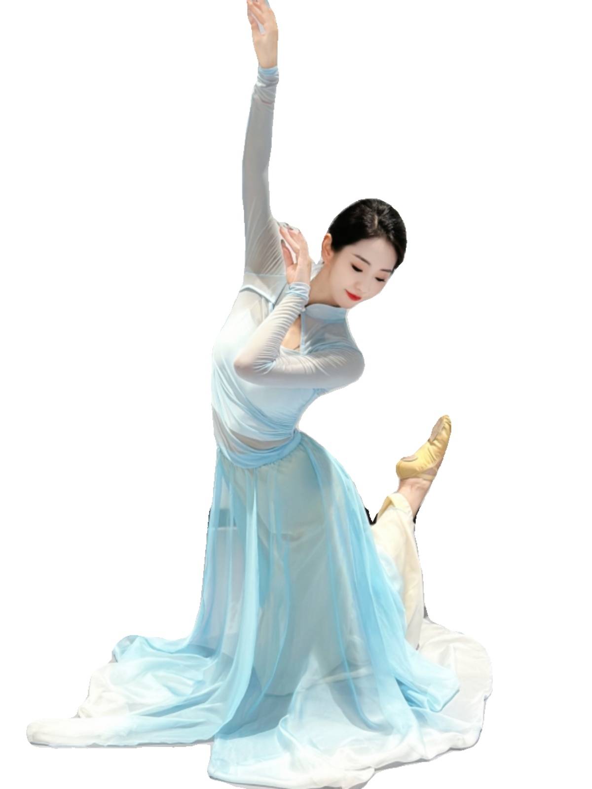 Chinese style classical dance leader's elastic gauze blue dance practice service national dance pants skirt, elegant actress performance service