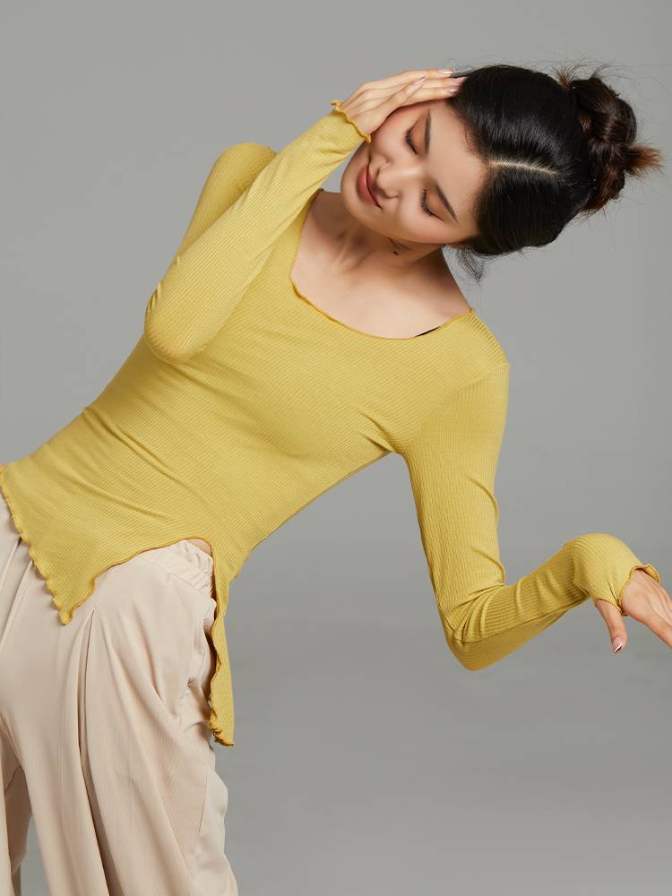 Dance dance dance, wooden ear top shirt is thin and slit classical dance exercises, thin long -sleeved new body service women