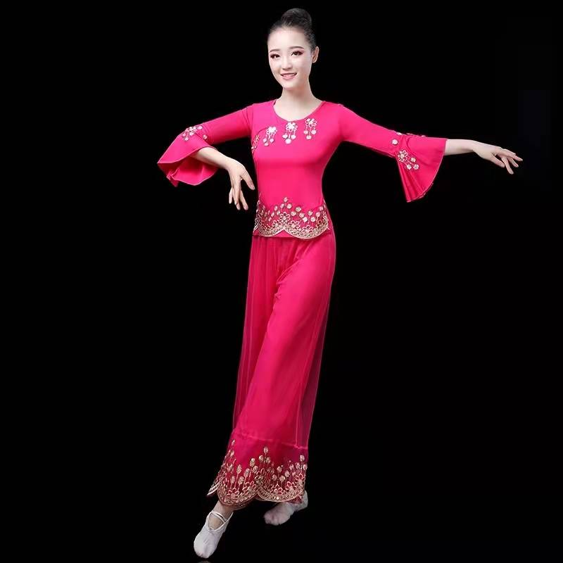 Plaza dance clothing new set female middle -aged and elderly Yangge dance service Chinese wind umbrella dance fan dance performance service summer