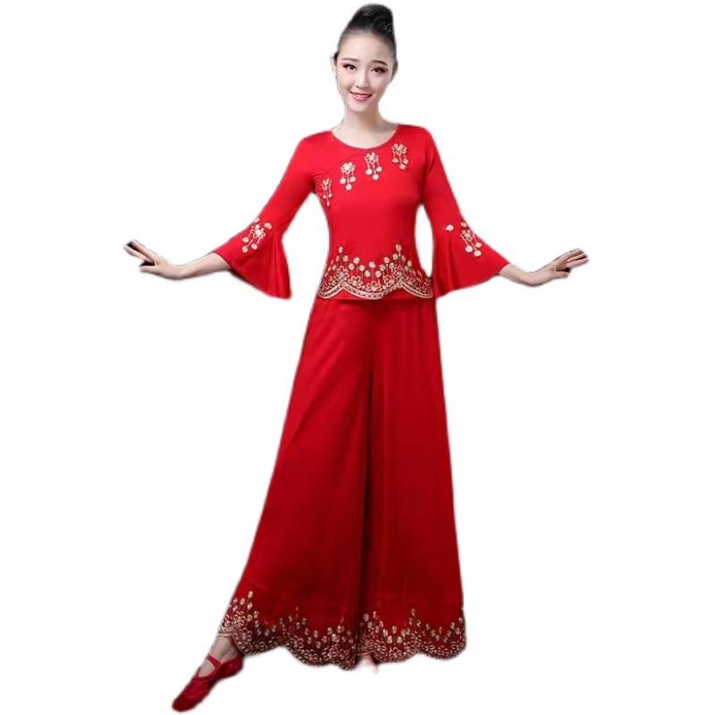 Plaza dance clothing new set female middle -aged and elderly Yangge dance service Chinese wind umbrella dance fan dance performance service summer