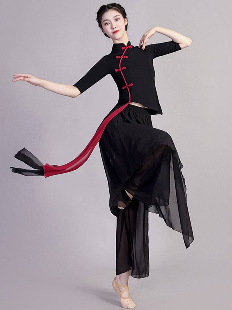 Miaochen Classical Dance Dance Dance Clothes Female Chinese Style National Practice Services Black Cheongsam Gauze Performance Services