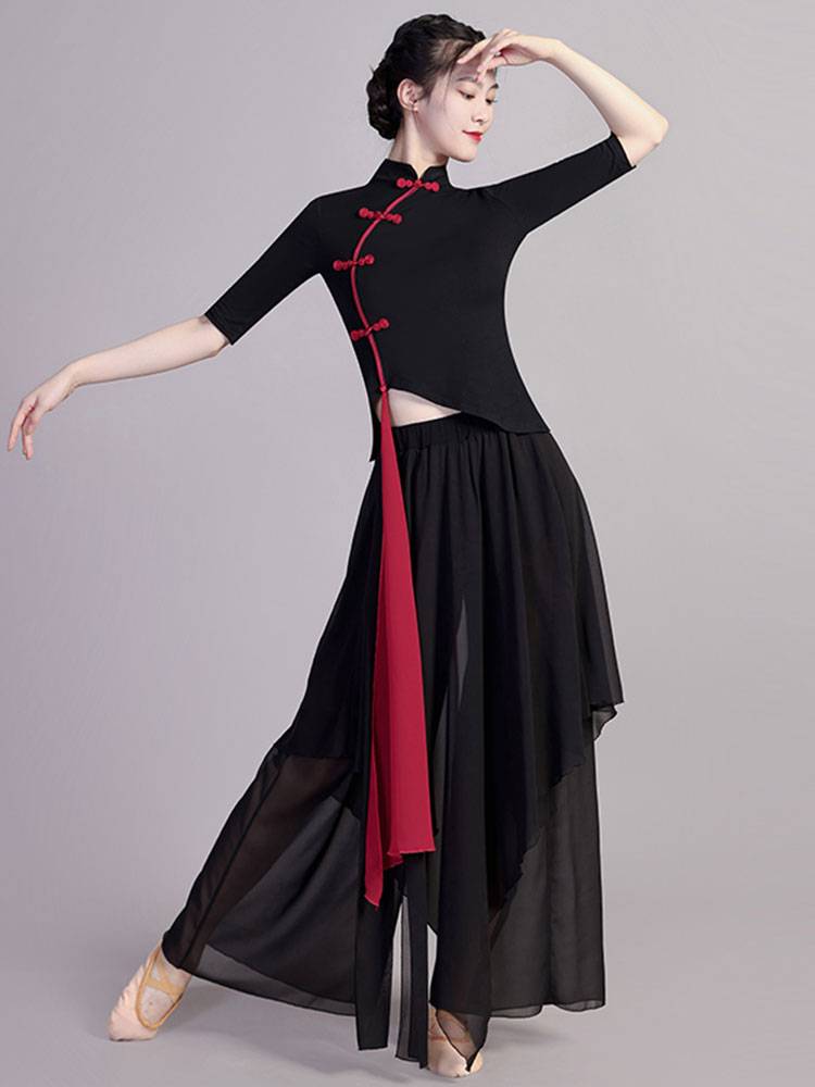 Miaochen Classical Dance Dance Dance Clothes Female Chinese Style National Practice Services Black Cheongsam Gauze Performance Services