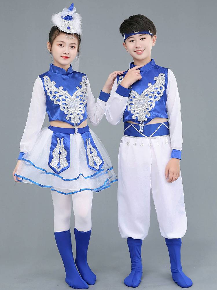 Mongol children in dance costumes, summer masquerading costumes for ethnic minority girls