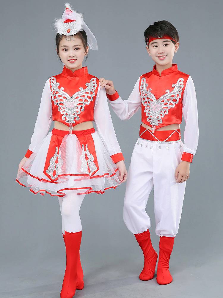 Mongol children in dance costumes, summer masquerading costumes for ethnic minority girls