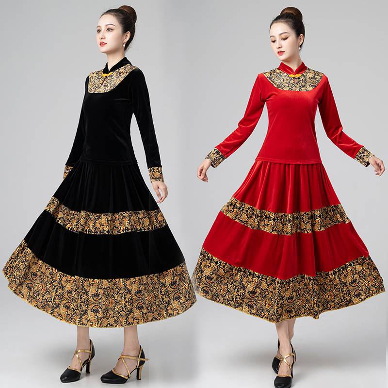 2024 Plaza Dance New Set New Set Golden Velvet Long Sleeping Skirts Autumn and Winter Classical National Dance Performance Services