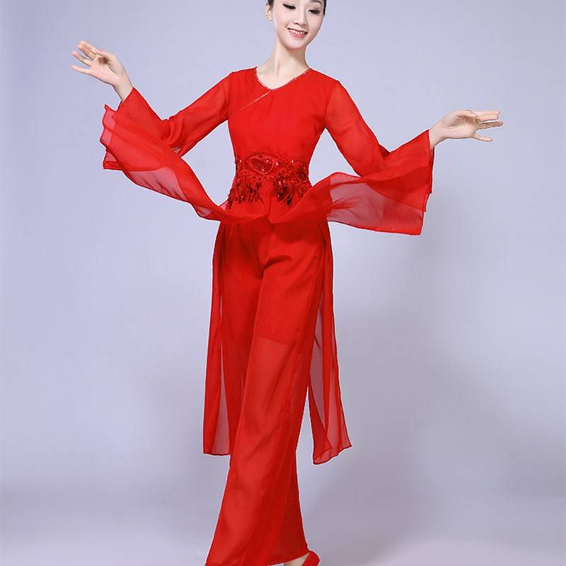 Classical dance service female fan dance umbrella dance national dance nine children E performance clothing water sleeve performance clothing red Yangge