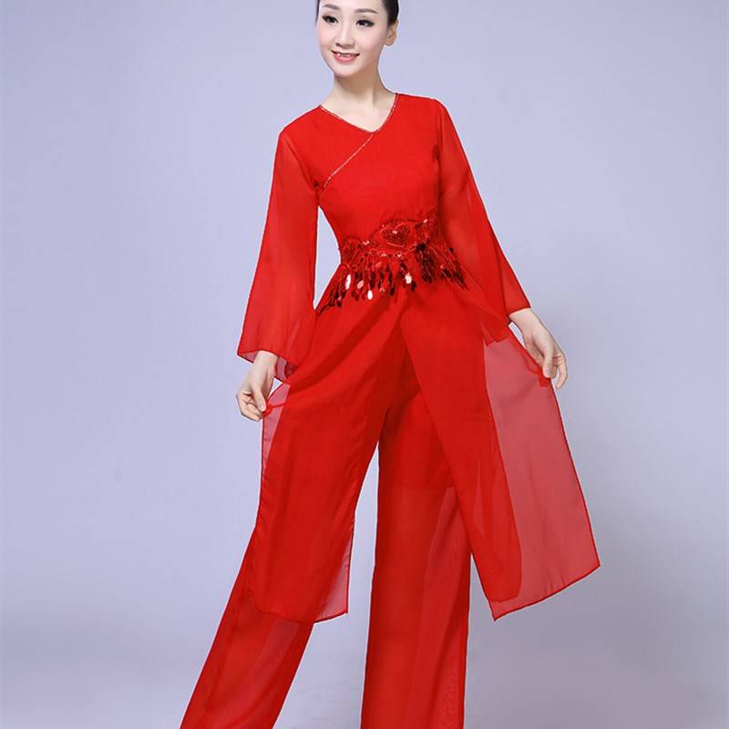 Classical dance service female fan dance umbrella dance national dance nine children E performance clothing water sleeve performance clothing red Yangge