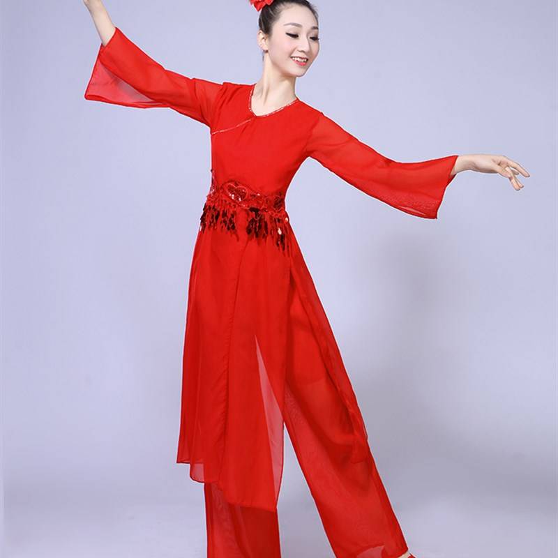 Classical dance service female fan dance umbrella dance national dance nine children E performance clothing water sleeve performance clothing red Yangge