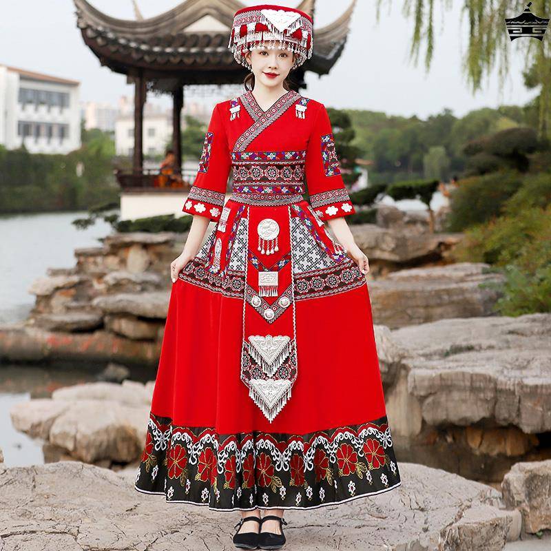 Tujia Family Clothing Performing Female Adults Minority Miao Dai Dance Dance Long Skirt Phoenix Miaozhai Brigade Shooting