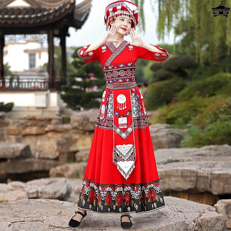 Tujia Family Clothing Performing Female Adults Minority Miao Dai Dance Dance Long Skirt Phoenix Miaozhai Brigade Shooting