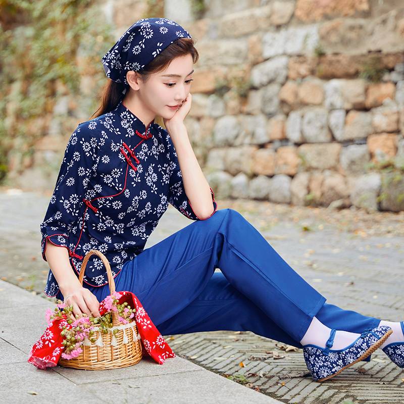 New Village Grandma Costume Female Flower Flower Clothing Tea Picking Dressing Rural Wind Wind Rural A Qingyu Performance Clothing