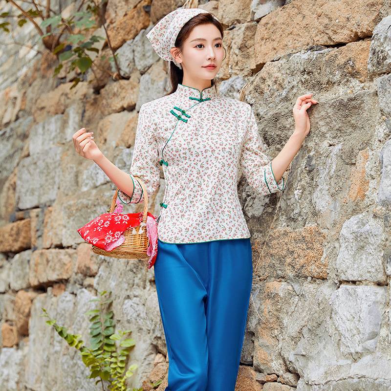 New Village Grandma Costume Female Flower Flower Clothing Tea Picking Dressing Rural Wind Wind Rural A Qingyu Performance Clothing