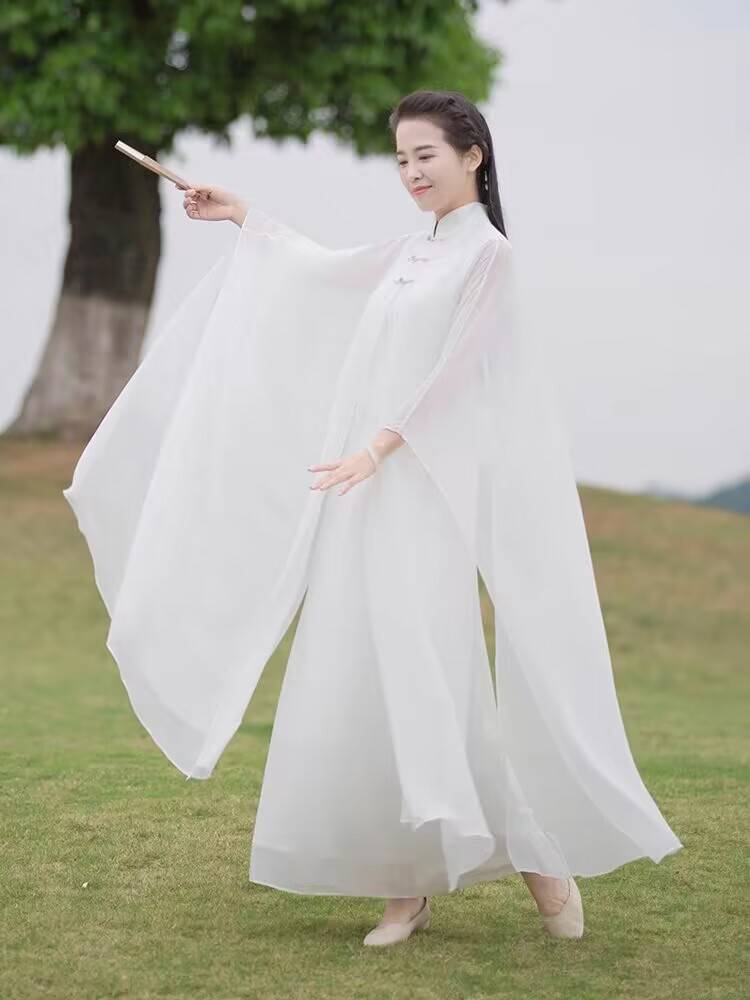 Literary retro tea clothing female spring autumn fairy Zen dance white yoga Taiji dress two sets