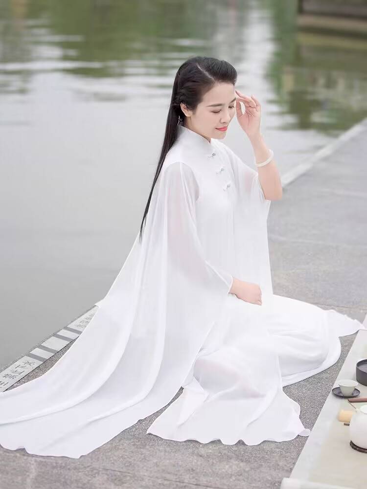 Literary retro tea clothing female spring autumn fairy Zen dance white yoga Taiji dress two sets