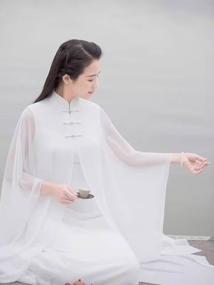 Literary retro tea clothing female spring autumn fairy Zen dance white yoga Taiji dress two sets
