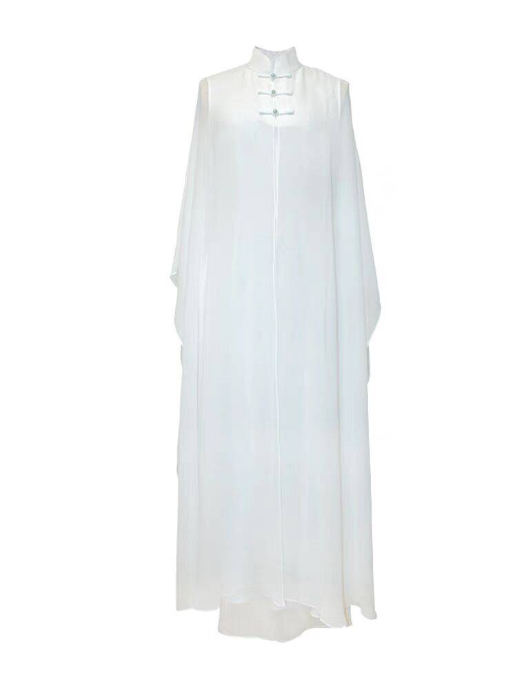 Literary retro tea clothing female spring autumn fairy Zen dance white yoga Taiji dress two sets