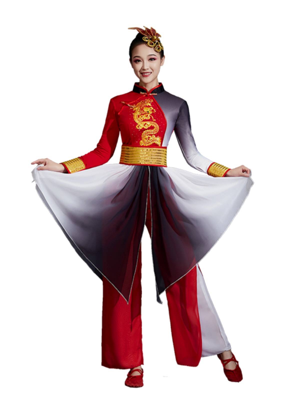 Drum service performance service women's waist drums, water drum dance ethnic dance clothing long -sleeved Yangge service gongs and drum team performance clothes