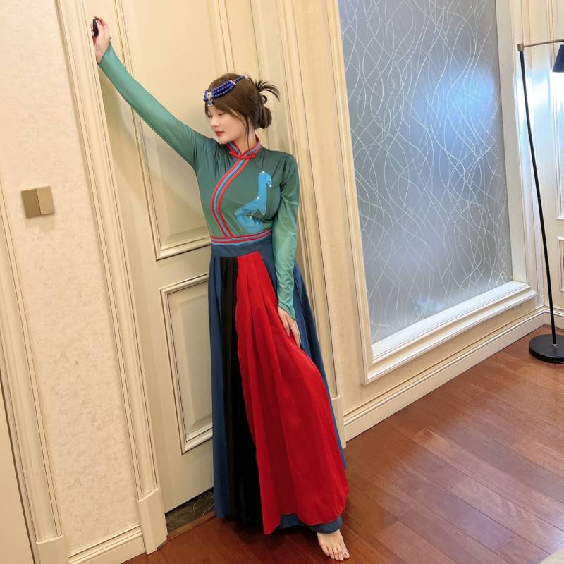 Mongol dress examination for the ethnic minority performing a Tibetan adult Monk dance dress exercise with a large skirt