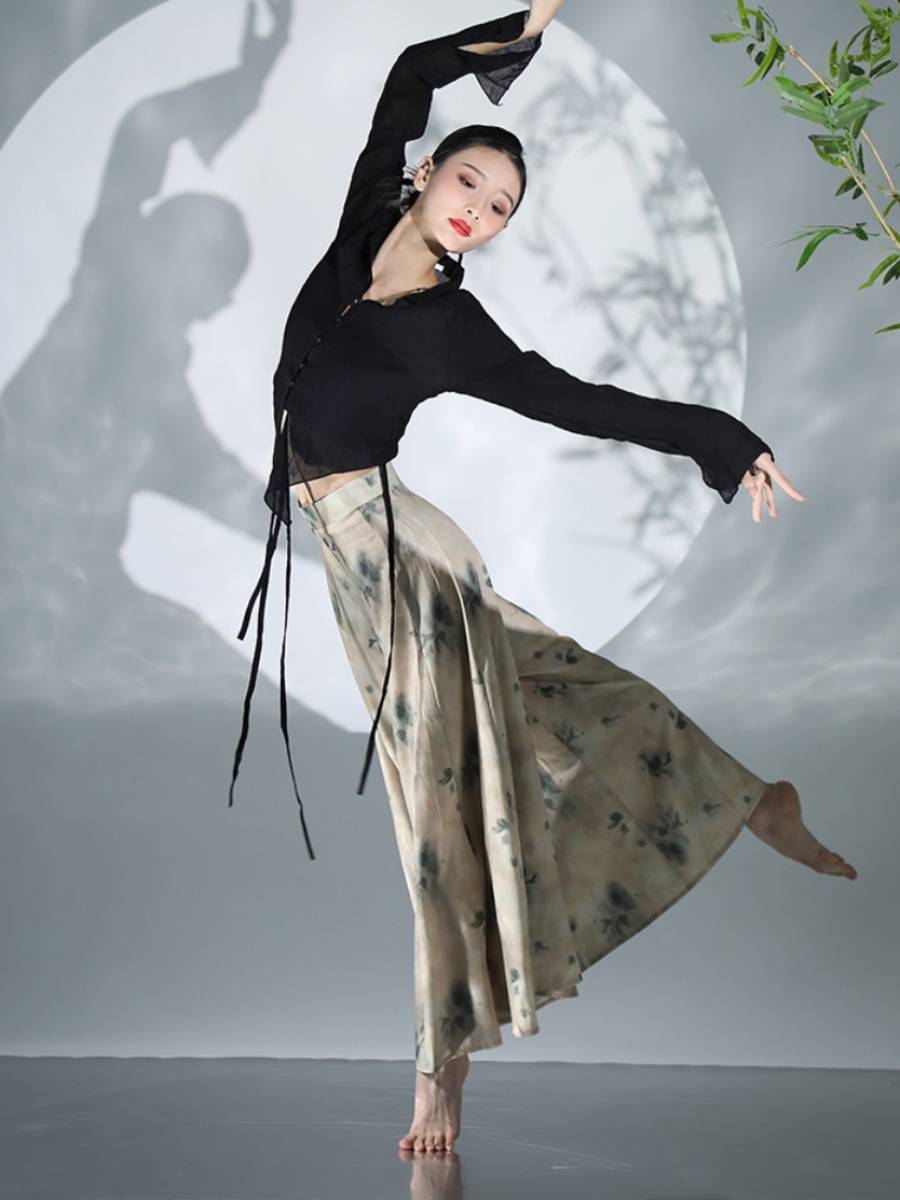 New State style Classical dance clothing female elegant long sleeve black net gauze jacket loose skirt jumpsuit national style practice service