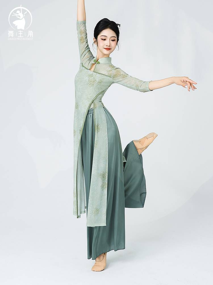 Dance protagonist Classical dance cheongsam Han Tang printing dance dance exercise service performance, elastic gauze, elegant Chinese style clothing