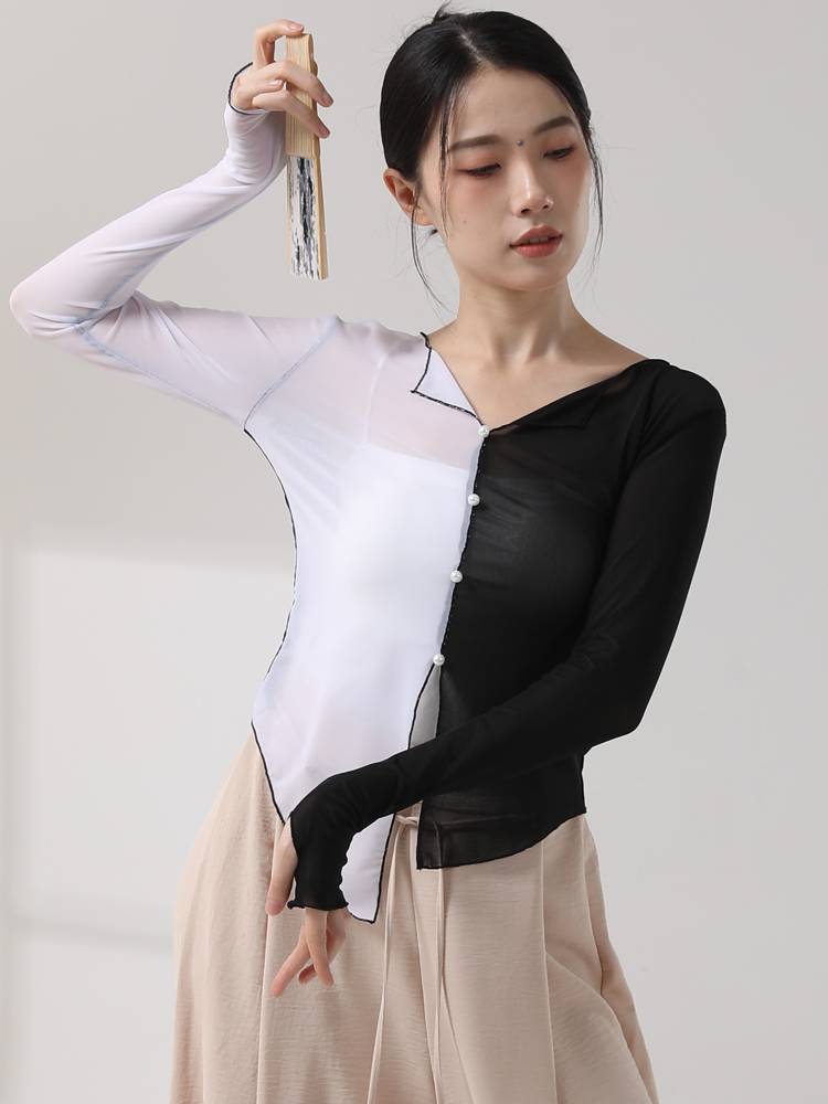 Classical dance yarn clothing body rhyme long sleeve top coloring practice service Modern national dance elegant net gauze performance service