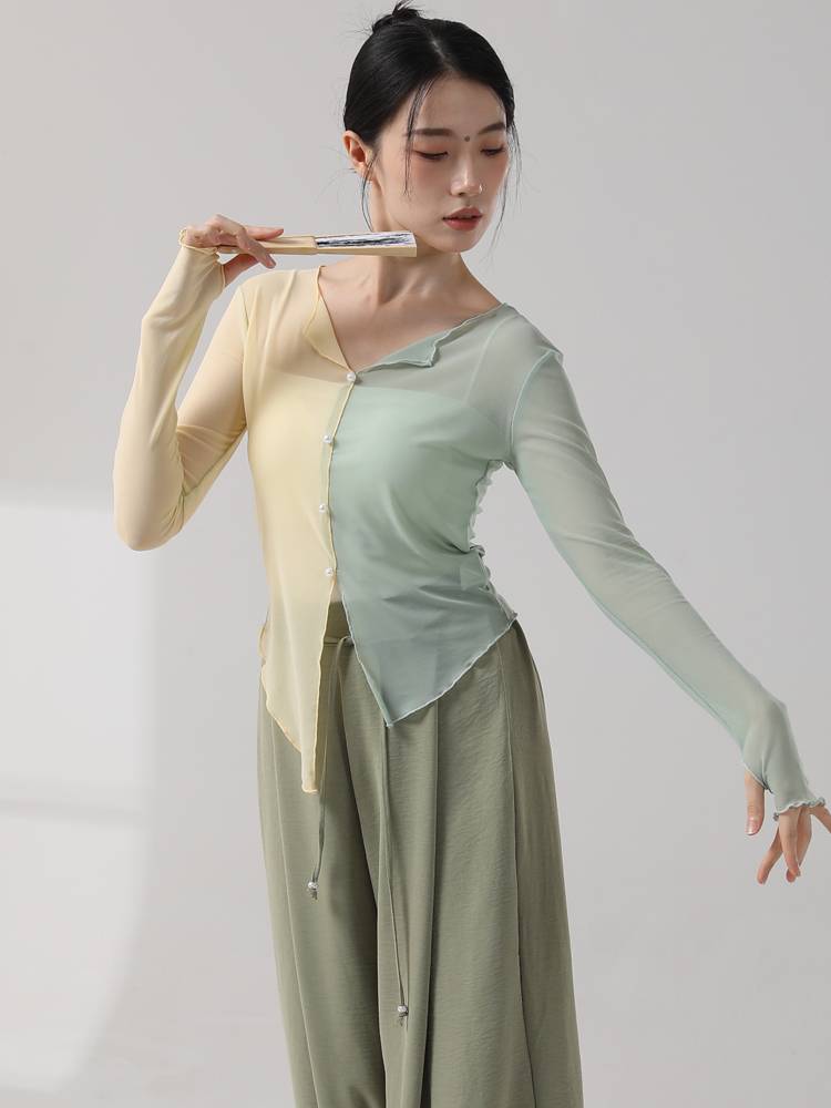 Classical dance yarn clothing body rhyme long sleeve top coloring practice service Modern national dance elegant net gauze performance service