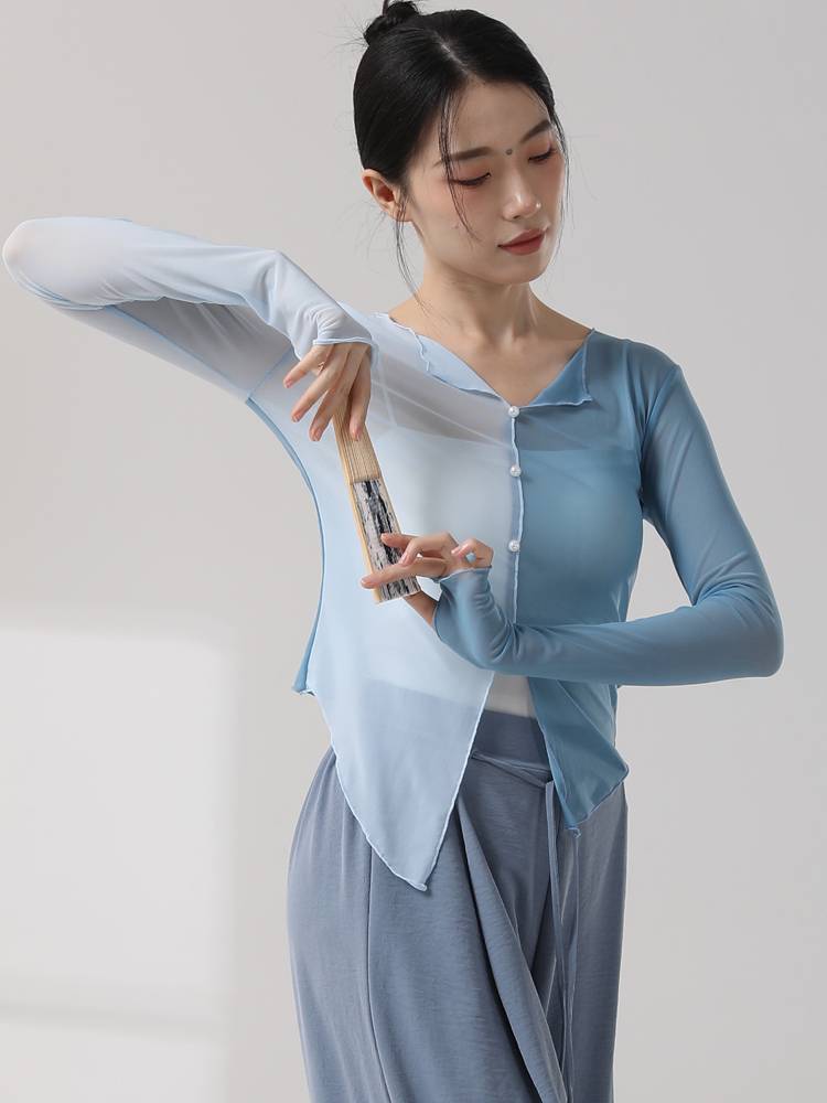 Classical dance yarn clothing body rhyme long sleeve top coloring practice service Modern national dance elegant net gauze performance service