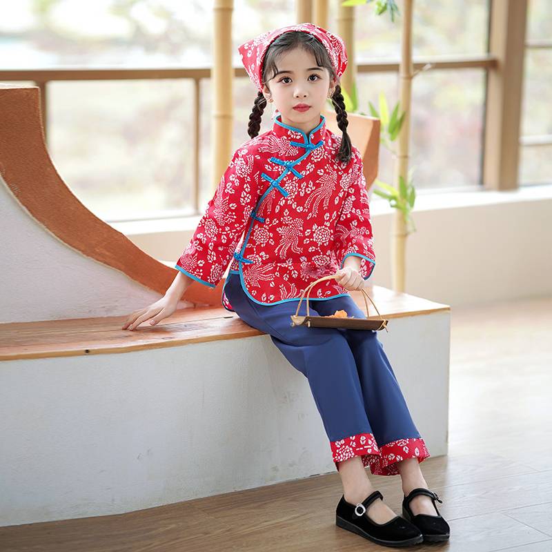 Children's Village Grandma Costume Girls Crustered Flower Clothing Tea Picking Dance Series Rural Wind Rural A Qingye Performance Services