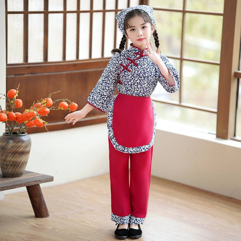 Children's Village Grandma Costume Girls Crustered Flower Clothing Tea Picking Dance Series Rural Wind Rural A Qingye Performance Services