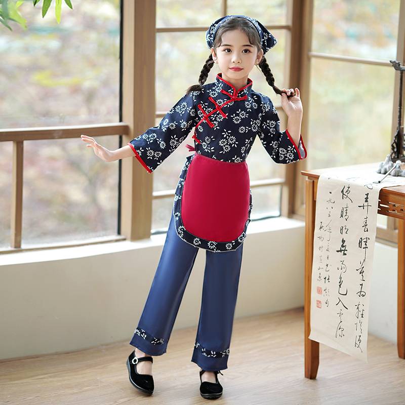 Children's Village Grandma Costume Girls Crustered Flower Clothing Tea Picking Dance Series Rural Wind Rural A Qingye Performance Services