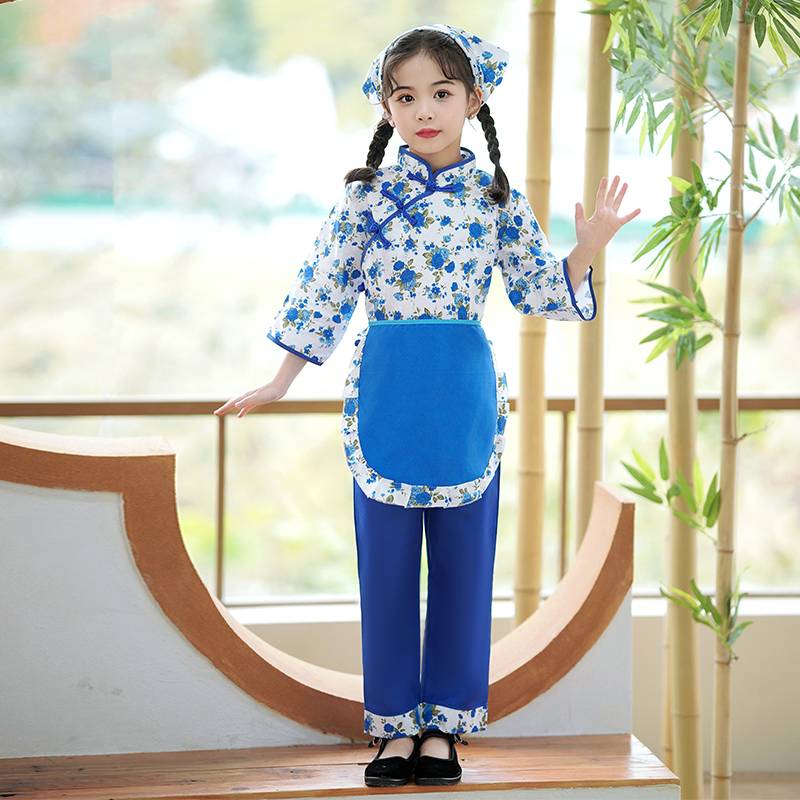 Children's Village Grandma Costume Girls Crustered Flower Clothing Tea Picking Dance Series Rural Wind Rural A Qingye Performance Services