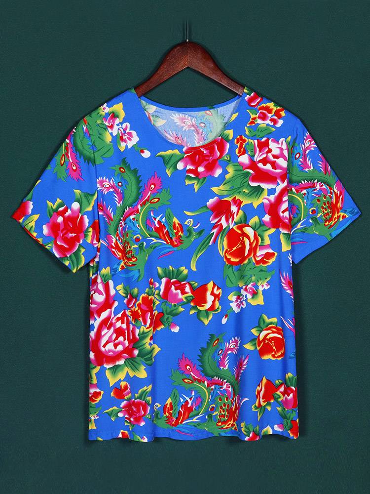 Northeast big flower cloth summer cotton and silk set men's long -sleeved trousers ethnic style stage service artificial cotton loose pants