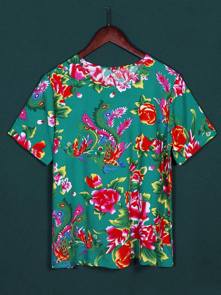 Northeast big flower cloth summer cotton and silk set men's long -sleeved trousers ethnic style stage service artificial cotton loose pants