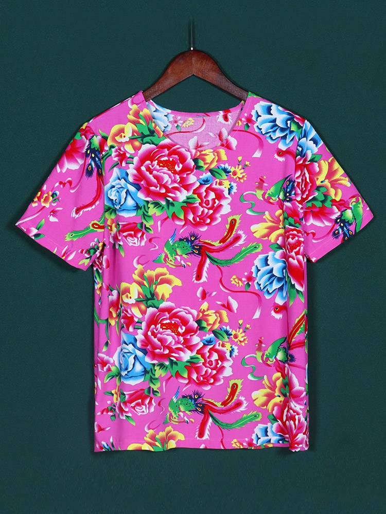 Northeast big flower cloth summer cotton and silk set men's long -sleeved trousers ethnic style stage service artificial cotton loose pants