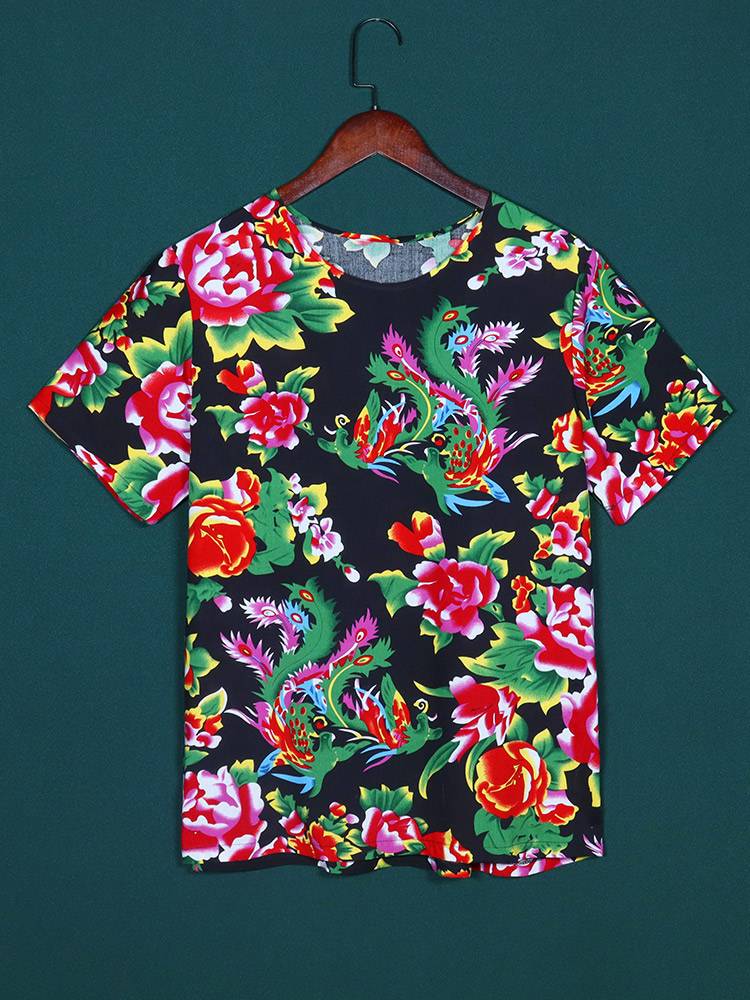 Northeast big flower cloth summer cotton and silk set men's long -sleeved trousers ethnic style stage service artificial cotton loose pants