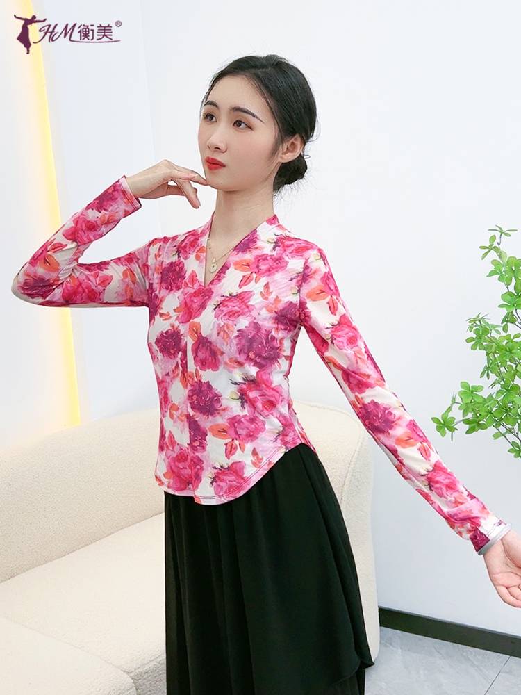 Classical dance practice clothing elasticity, elegant gauze body rhyme test, national dance Chinese wind print top