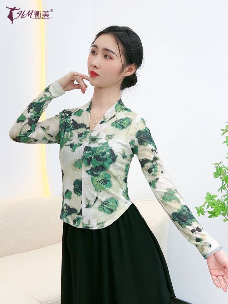 Classical dance practice clothing elasticity, elegant gauze body rhyme test, national dance Chinese wind print top