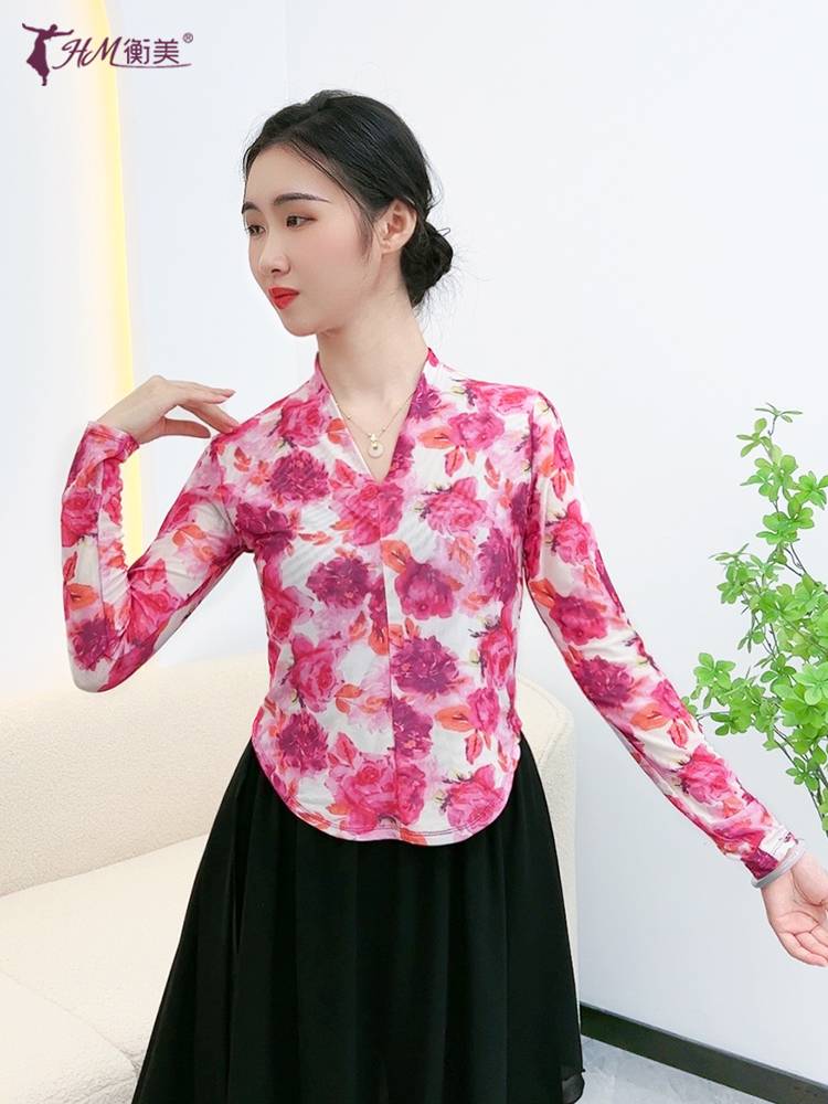 Classical dance practice clothing elasticity, elegant gauze body rhyme test, national dance Chinese wind print top