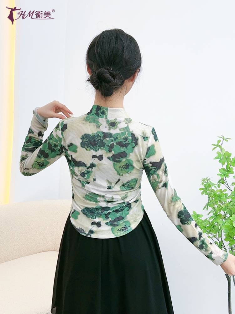 Classical dance practice clothing elasticity, elegant gauze body rhyme test, national dance Chinese wind print top