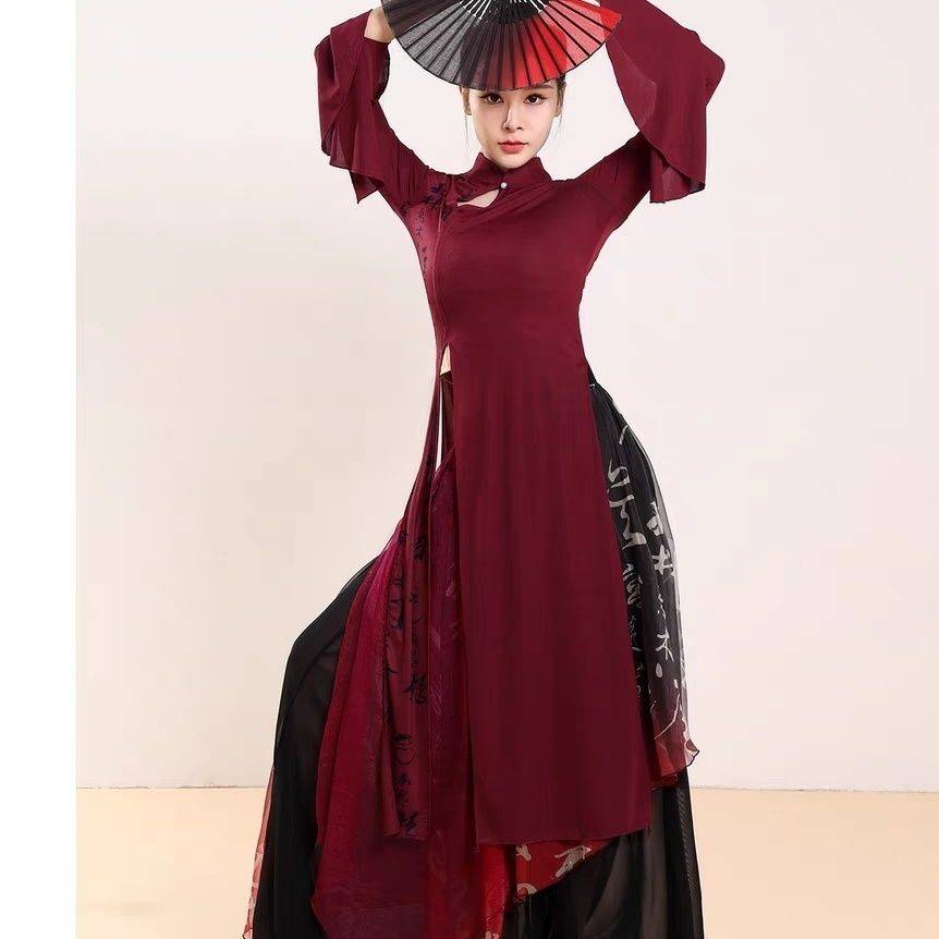 Classical dance clothing elegant print stitching cheongsam practice service Chinese dance nation performance service dance service girl