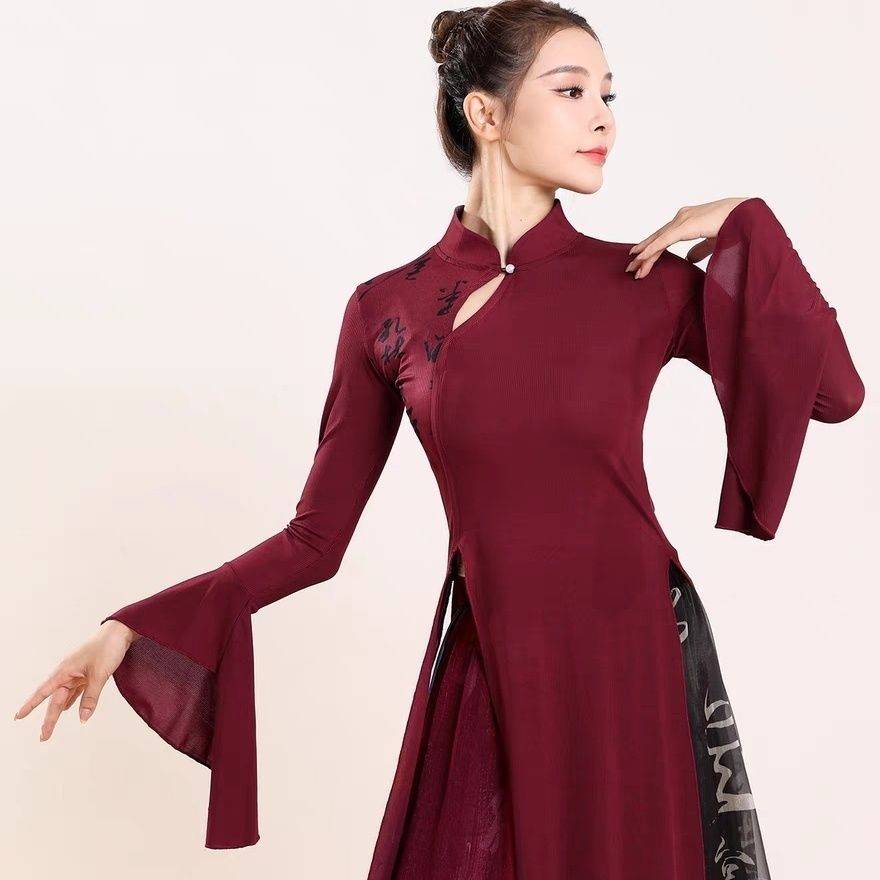 Classical dance clothing elegant print stitching cheongsam practice service Chinese dance nation performance service dance service girl