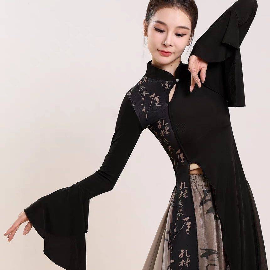 Classical dance clothing elegant print stitching cheongsam practice service Chinese dance nation performance service dance service girl