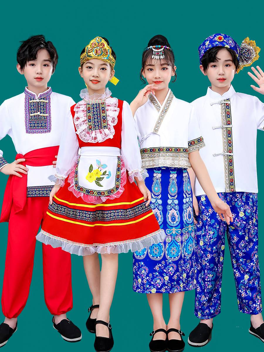 56 ethnic minority clothing Children March, March, the three Zhuangbu strong clothes girls, male Miao, Yao people, Guangxi dance clothing