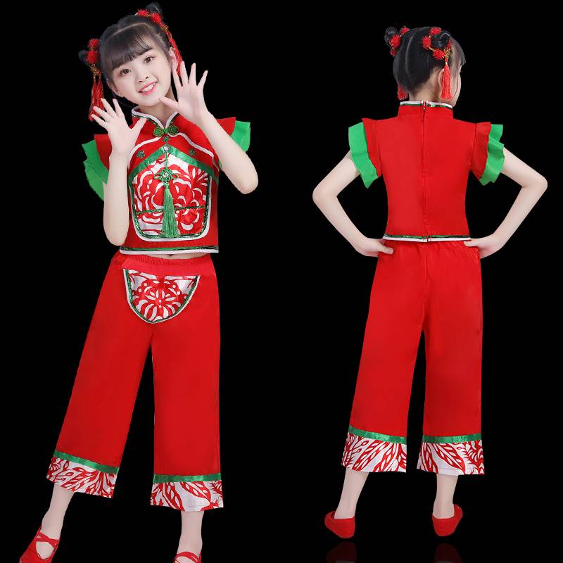 Liu Yician's performance service, festive red men and women Yangge performing clothes Chinese style national fan dance clothing new