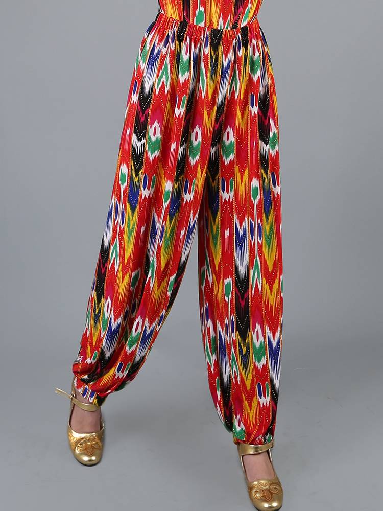 Xinjiang Dance Ms. Edlace Loose and breathable printing pants Weiwumi ethnic style red trousers