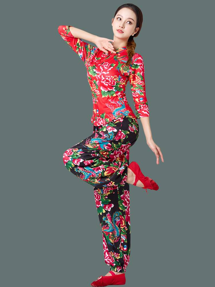 2023 New Plaza Dance Clothing Set Performance Series Top Lantern Pants Yangge Middle Elderly National Style Dance Service